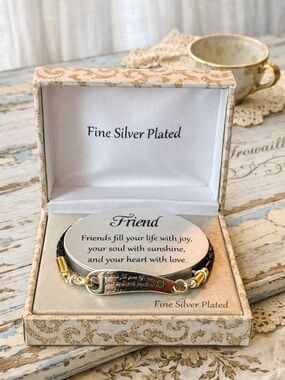 Fine Silver Plated Friendship Bracelet| Black Cord Bracelet Gold Tone Accents